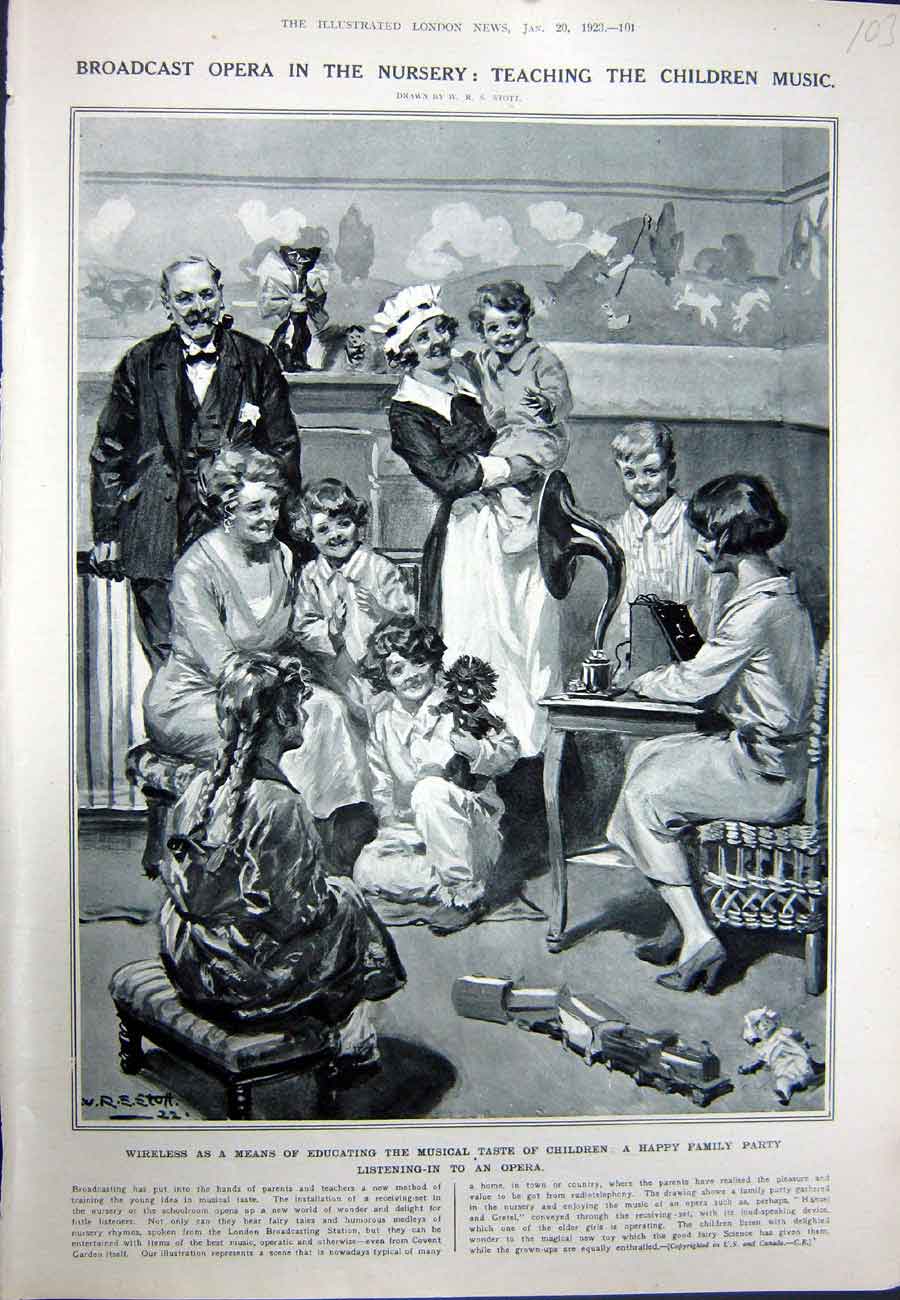 Old Vintage Print 1923 Musical Opera Family Children Radiotelephony Toys 20th