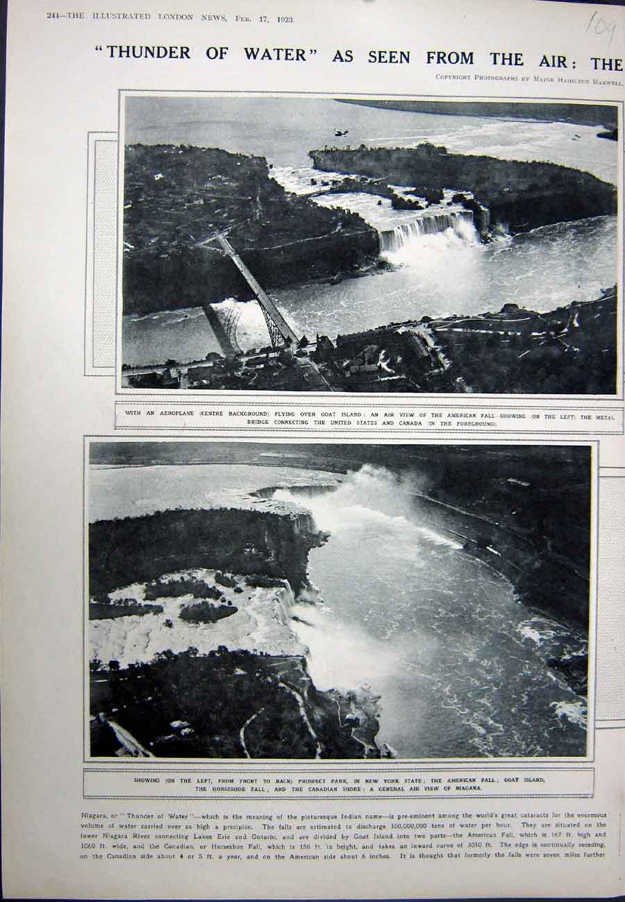 Old Vintage Print 1923 America Niagara Falls Metal Bridge Goat Horseshoe 20th