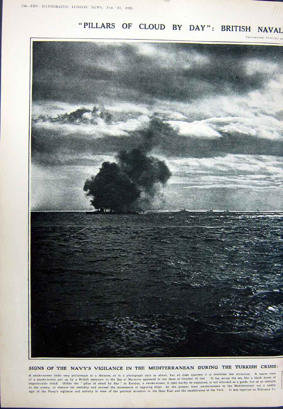 Original Old Vintage Print 1923 British Destroyer Ship Sea Marmora Navy Smoke