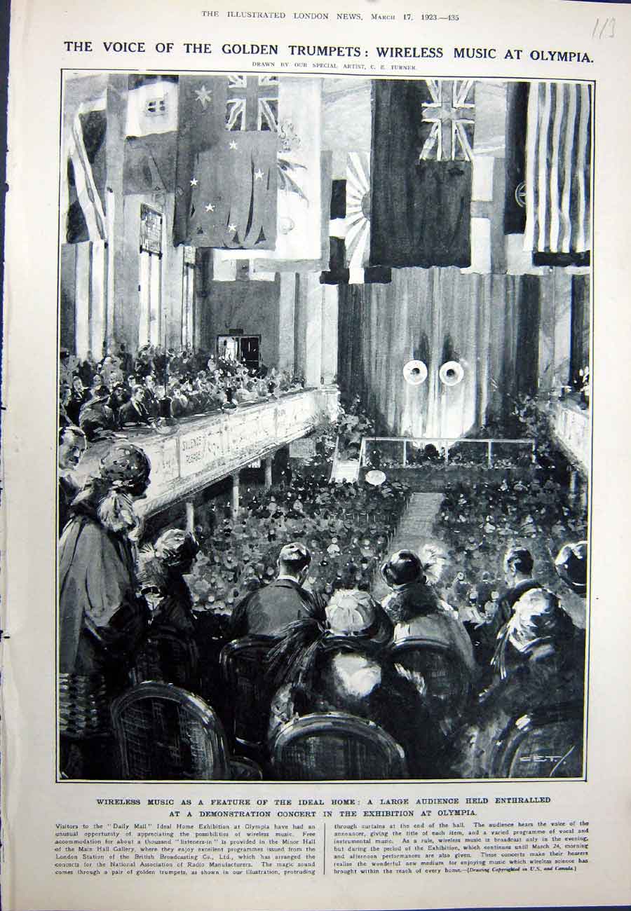 Original Old Vintage Print 1923 Home Exhibition Olympia Wireless Music Trumpets