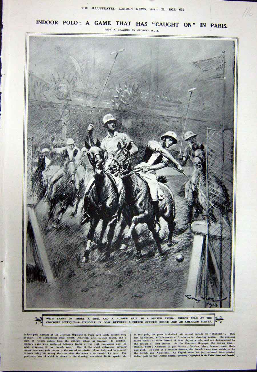 Old Vintage Print 1923 Indoor Polo Paris Concours Hippique Sport Horses 20th