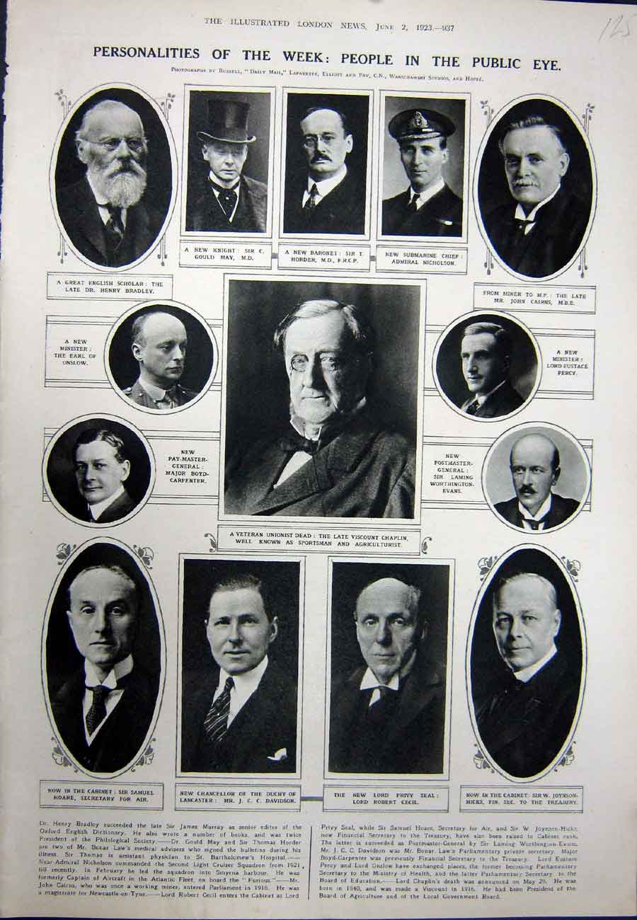 Old Vintage Print 1923 Men Bradley Nicholson Cairns Joynson Chaplin Hoare 20th