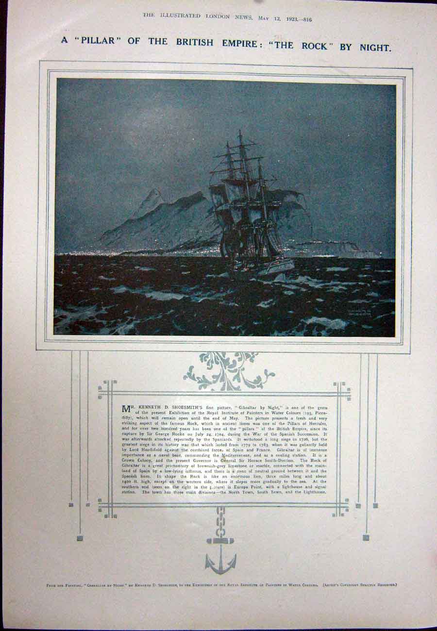 Old Vintage Print 1923 London British Broadcasting Gibraltar Rock Ship 20th