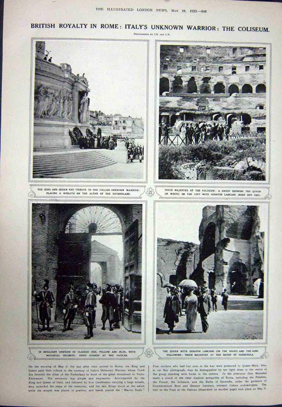 Antique Old Print 1923Rome Piazza Quirinale King George Vatican Caracalla 20th
