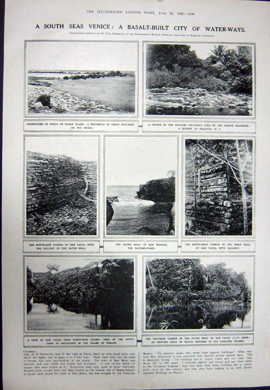 Old Vintage Print 1923 Nan Tauas Karrian Katera Caroline Islands Ponape 20th