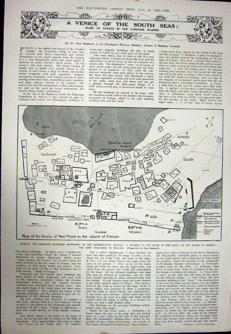 Old Vintage Print 1923 Golf Championship Kirkwood Havers Map Nan Matol 20th