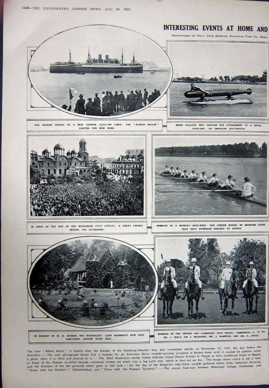 Old Vintage Print 1923 Polo Sofia Boat-Race Wallace Wood Cricket Acland 20th