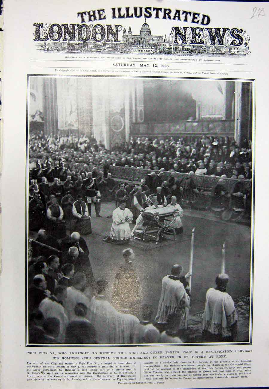 Old Vintage Print 1923 Pope Pius Prayer St. Peters Cathedral Rome Service 20th