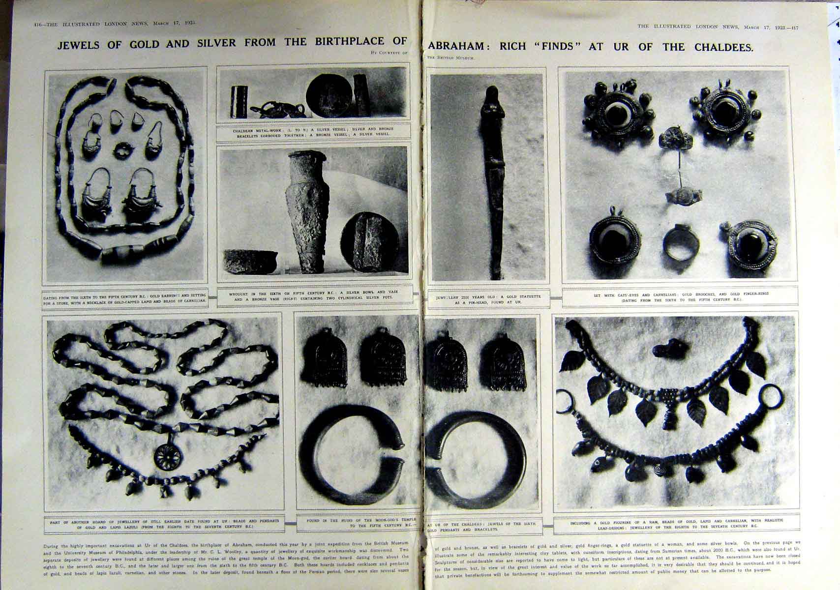 Original Old Vintage Print 1923 Jewellery Abraham Chaldees Ur Temple Alabaster