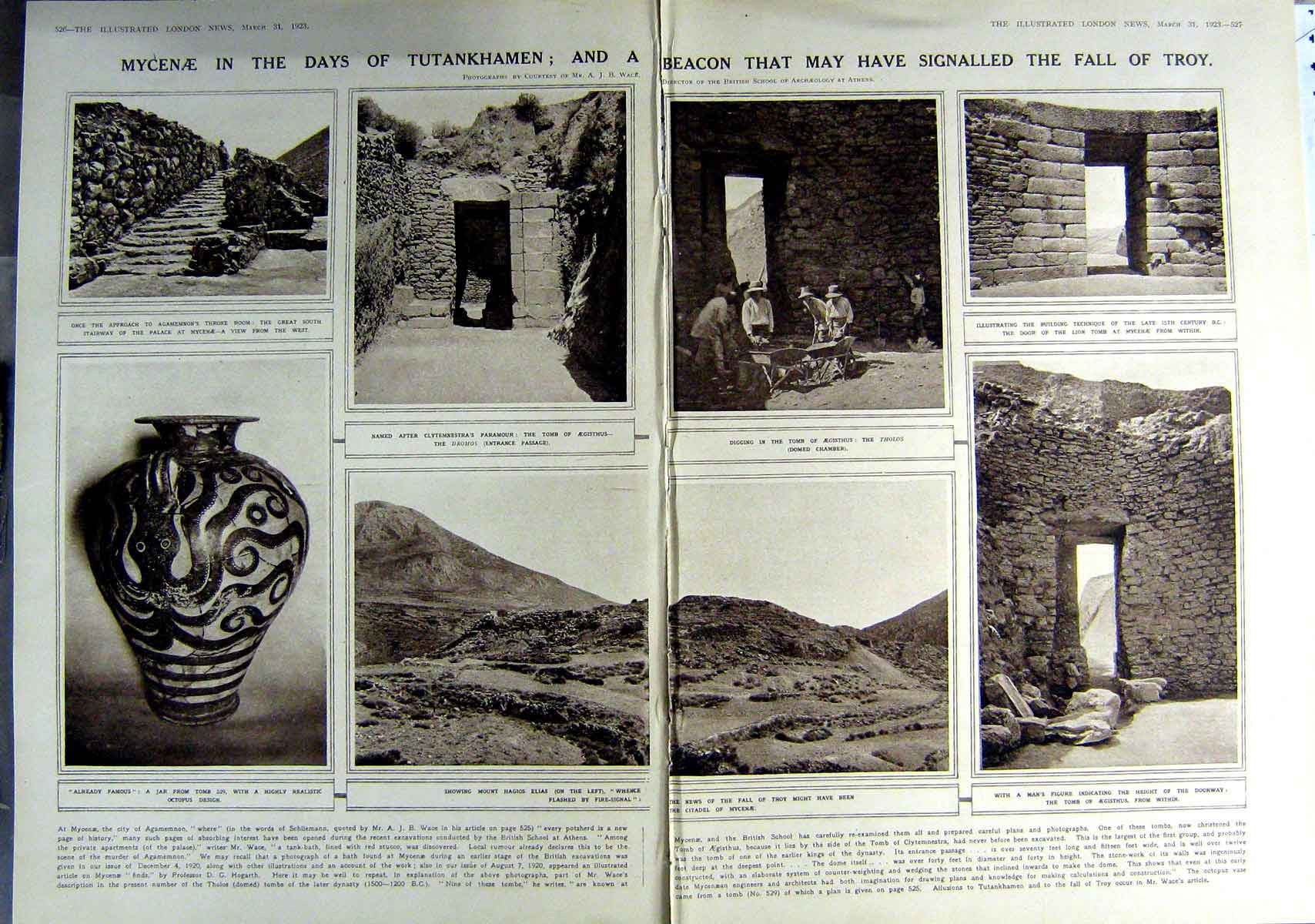 Old Vintage Print 1923 Mycenae Mount Hagios Tomb Aegisthus Excavations 20th