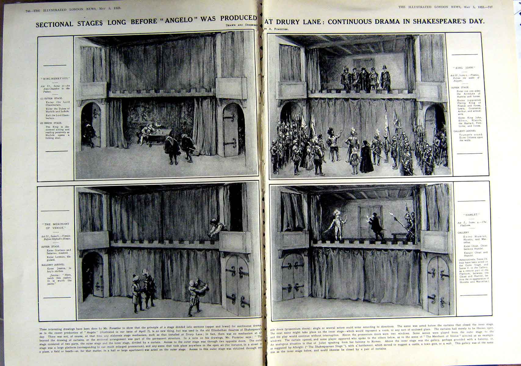 Old Vintage Print 1923 Drury Theatre Shakespeare Venice Hamlet Cavendish 20th