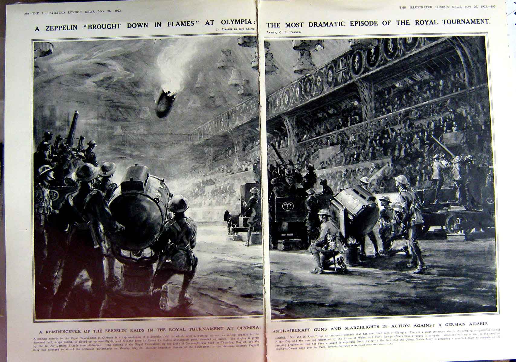 Original Old Vintage Print 1923 Zeppelin Olympia Anti-Aircraft Guns Ship Liner