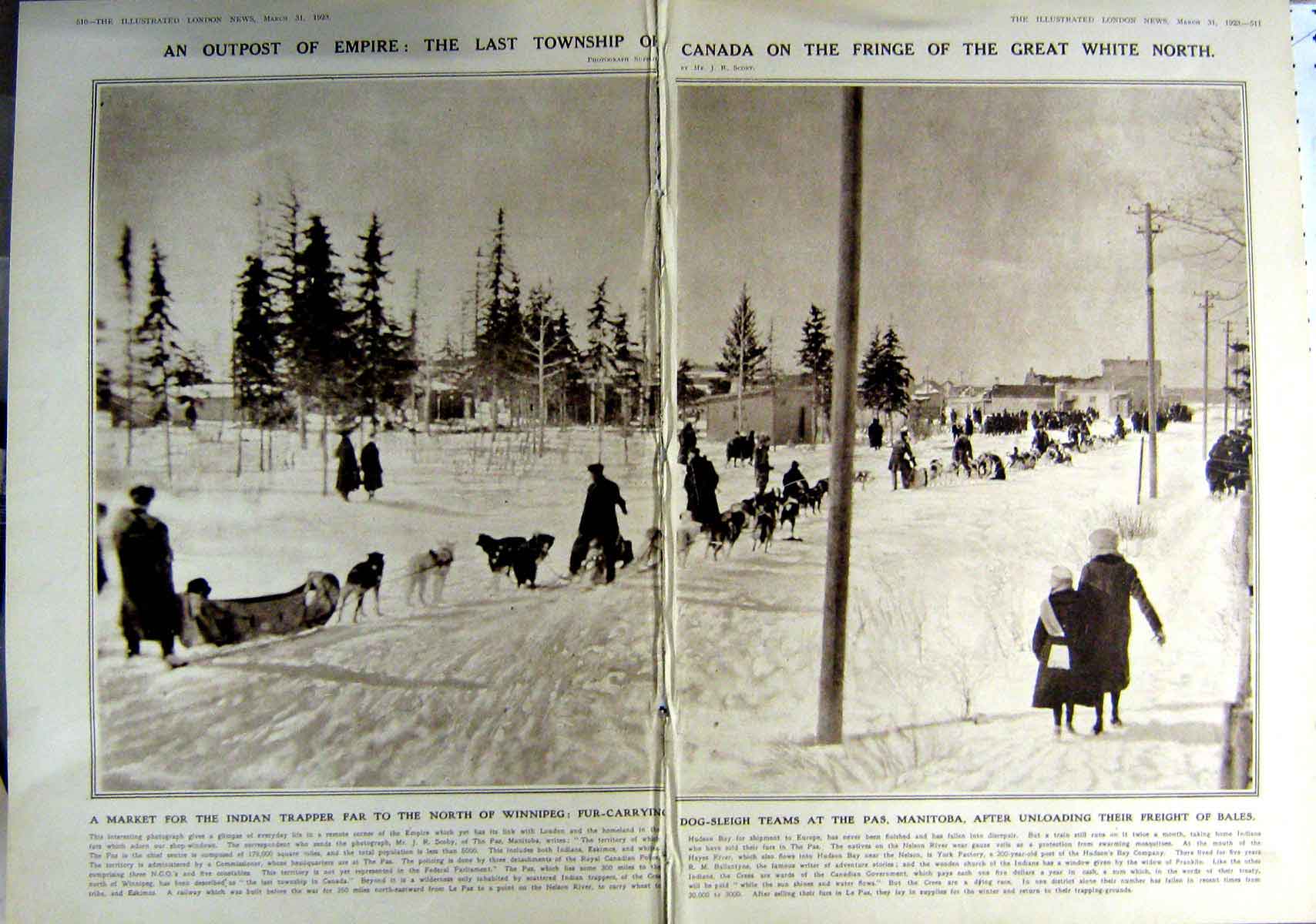 Original Old Vintage Print 1923 Canada Indian Trapper Dog-Sleigh Manitoba Snow