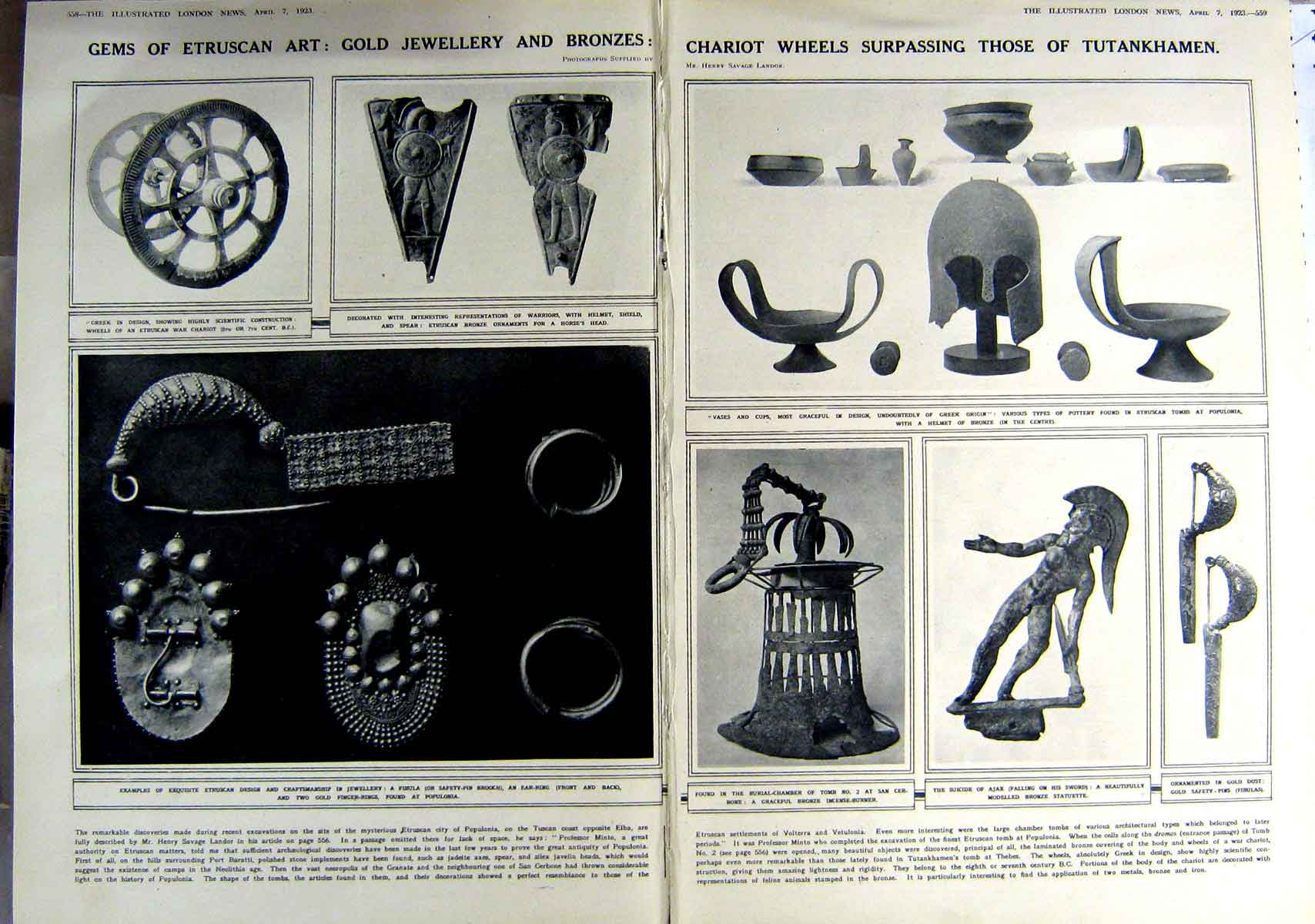 Old Vintage Print 1923 Etruscan Art Jewellery Chariot Wheels Tutankhamen 20th
