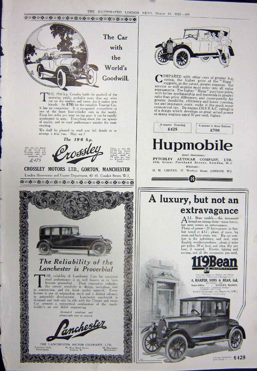 Original Old Vintage Print 1923 Lanchester Motor Car Crossley Hupmobile Singer