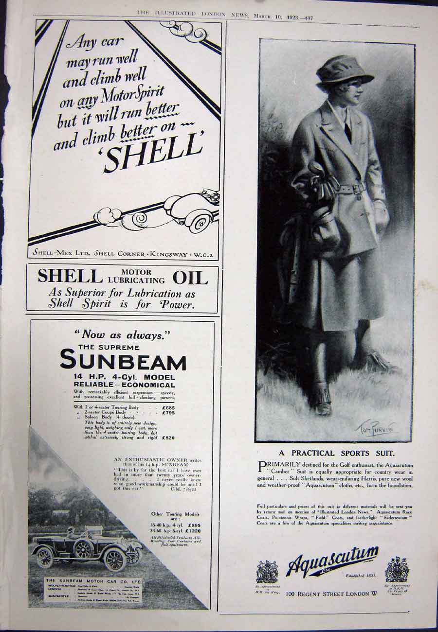 Old Vintage Print 1923 Wolseley Motor Car Aquascutum Sunbeam Shell Oil 20th