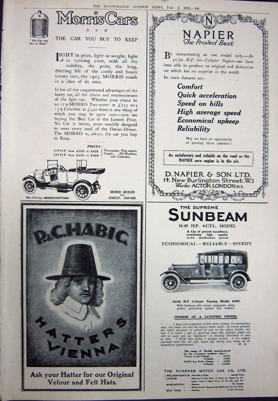 Old Vintage Print 1923 Beechams Pills Hatters Vienna Napier Sunbeam Car 20th