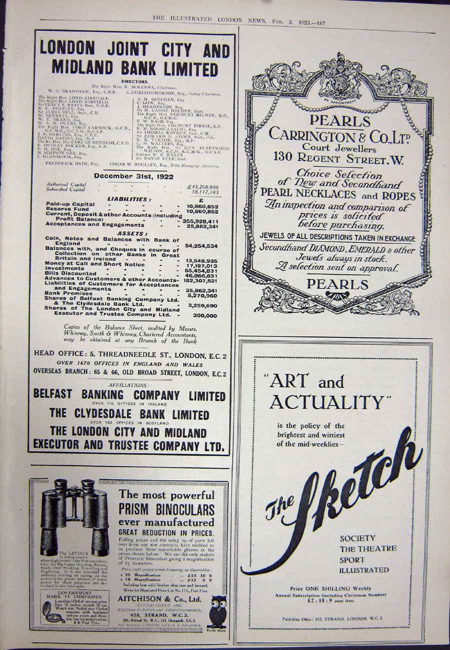 Old Vintage Print 1923 Chlorodyne Mellin'S Food Binoculars Midland Bank 20th