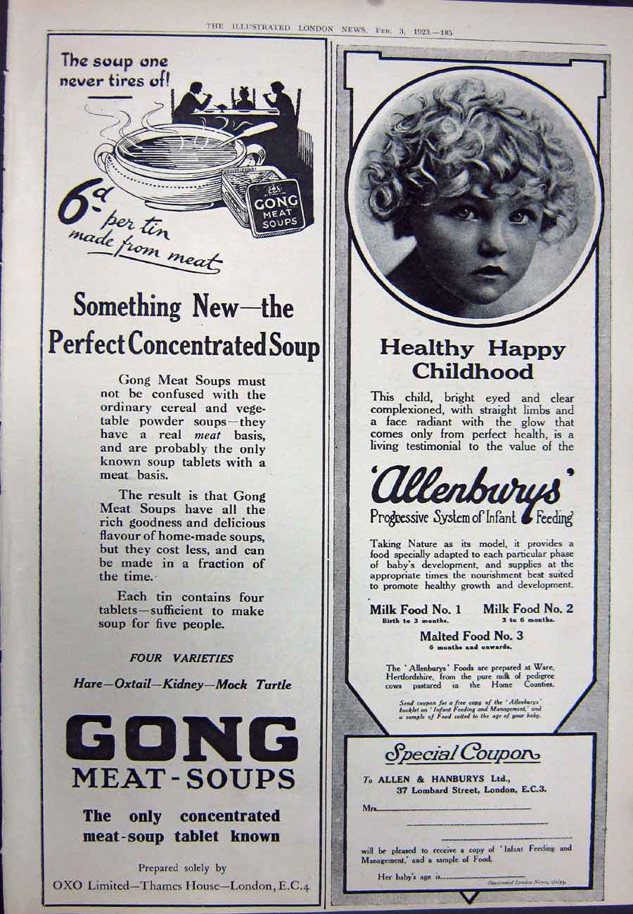 Old Vintage Print 1923 Red Tape Whisky Gong Meat Soups Allenbury'S Food 20th