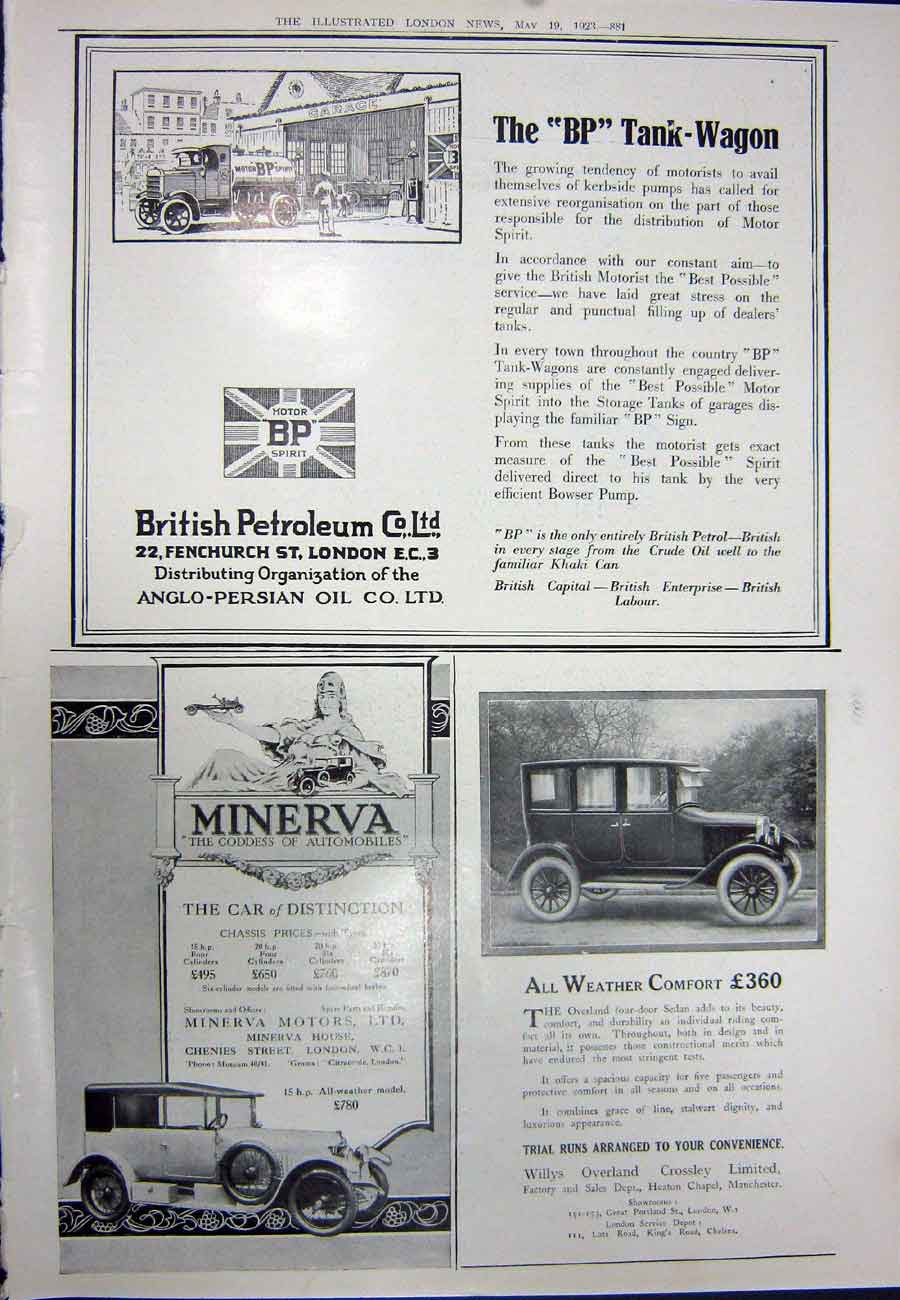 Original Old Vintage Print 1923 Sentinel Waggon Works Bp Motor Oil Minerva Car