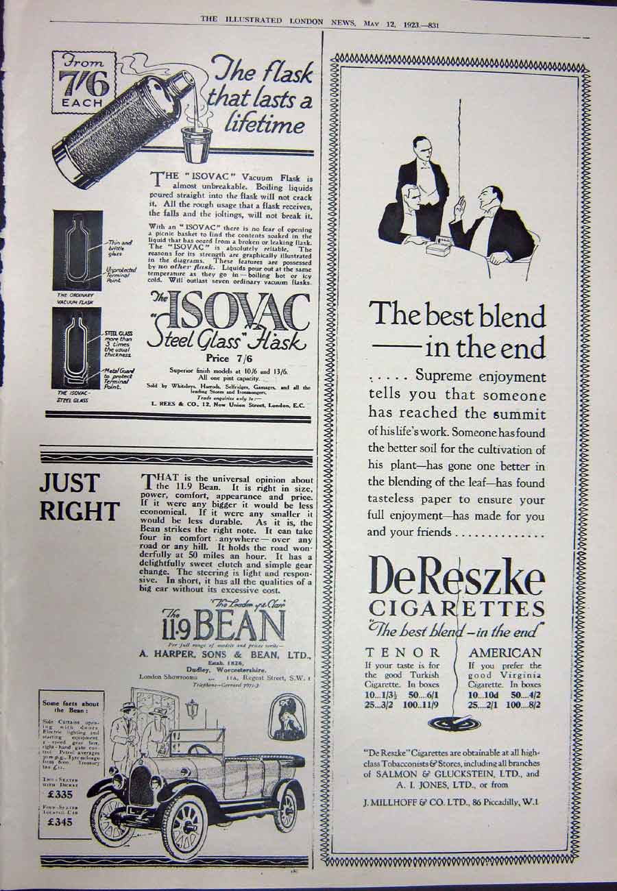 Old Vintage Print 1923 Dodge Brothers Motor Car Cigarettes Isovac Flask 20th
