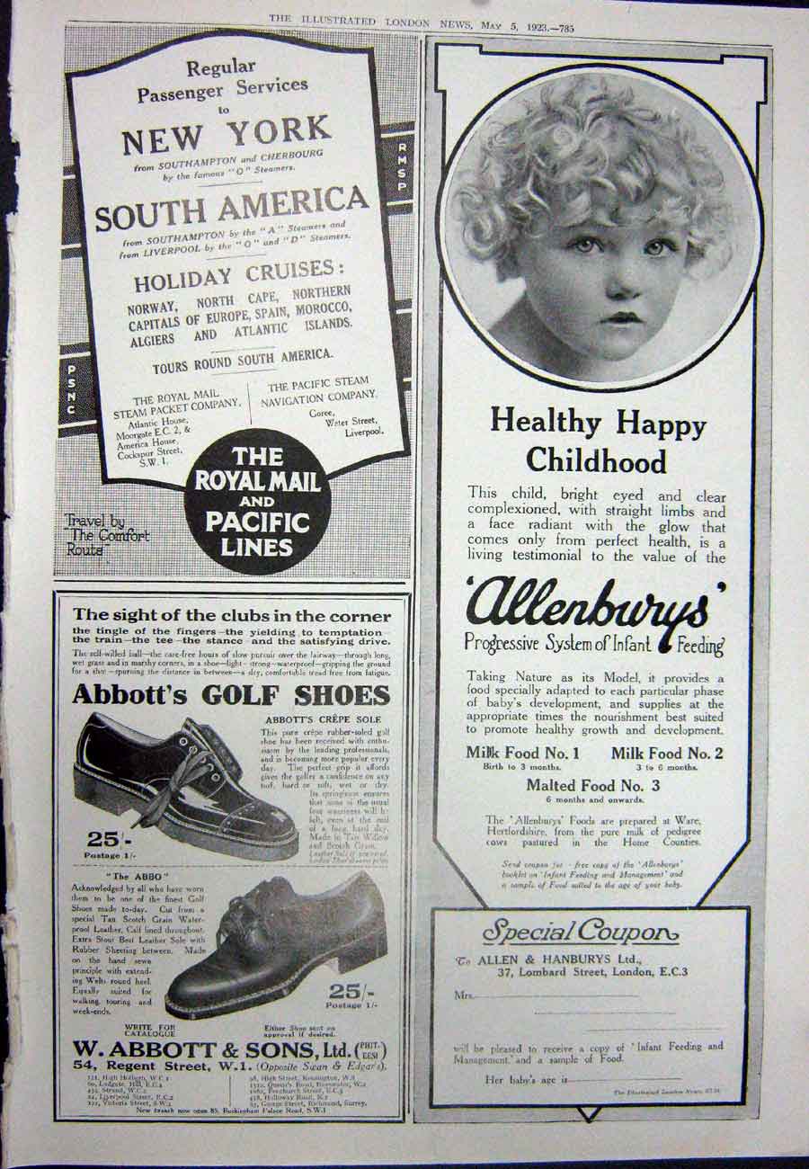 Original Old Vintage Print 1923 Vauxhall Motor Car Allenburys Golf Shoes Ship