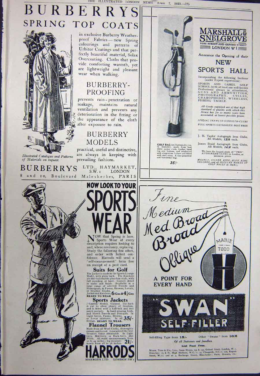 Original Old Vintage Print 1923 Vauxhall Motor Car Swan Pen Harrods Burberrys