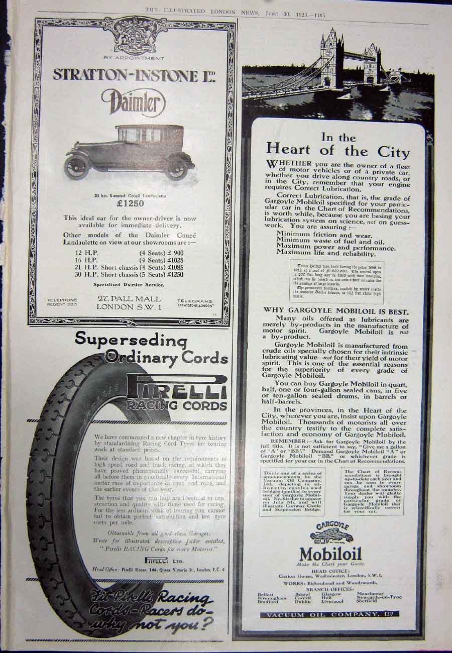 Old Vintage Print 1923 Dodge Brothers Touring Car Daimler Mobiloil Tyre 20th