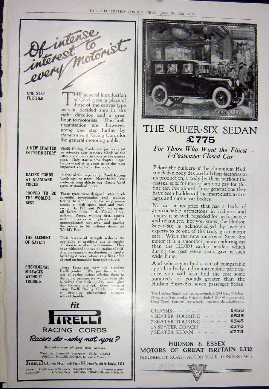 Original Old Vintage Print 1923 Dominion Motor Car Tyres Sedan Hudson Pirelli
