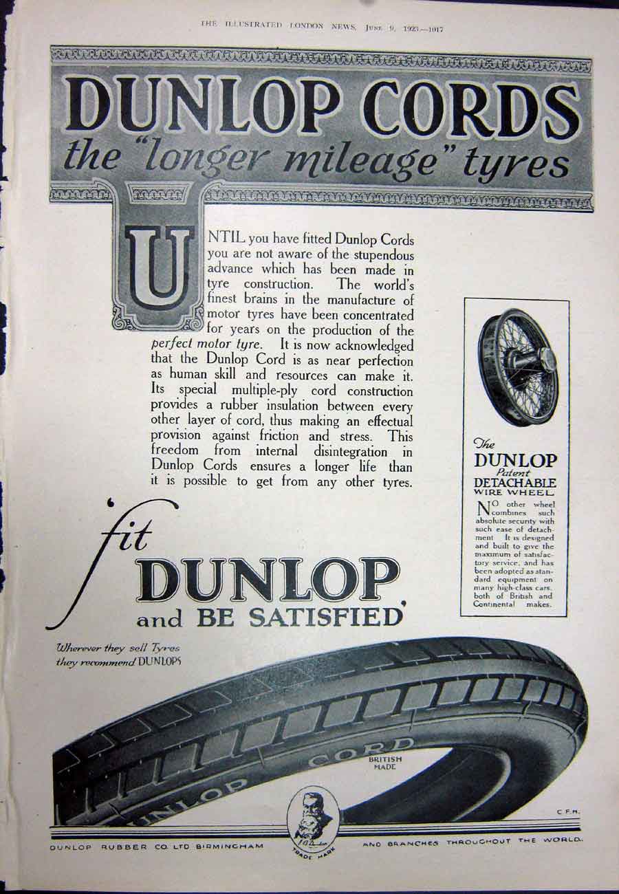Original Old Vintage Print 1923 Dodge Brothers Coupe Car Dunlop Rubber Tyres