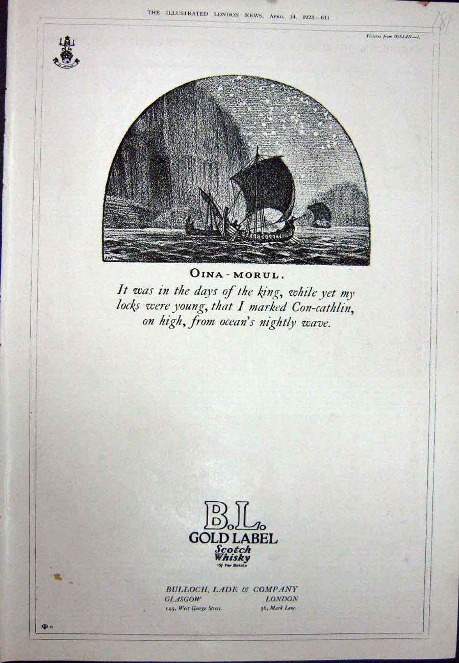 Original Old Vintage Print 1923 Advertisement B.L GLabel Scotch Whisky Glasgow
