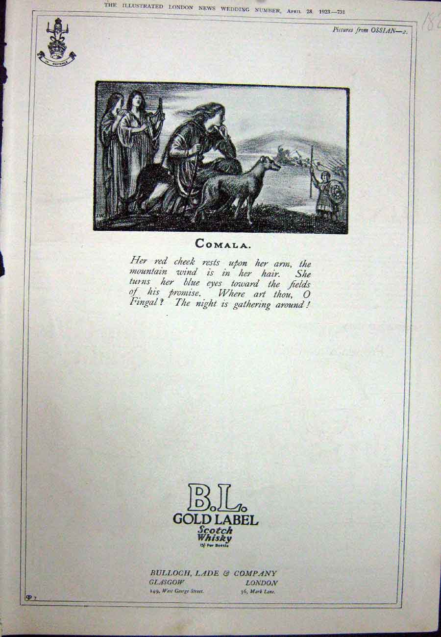 Original Old Vintage Print 1923 Advertisement B.L GLabel Scotch Whisky Comala