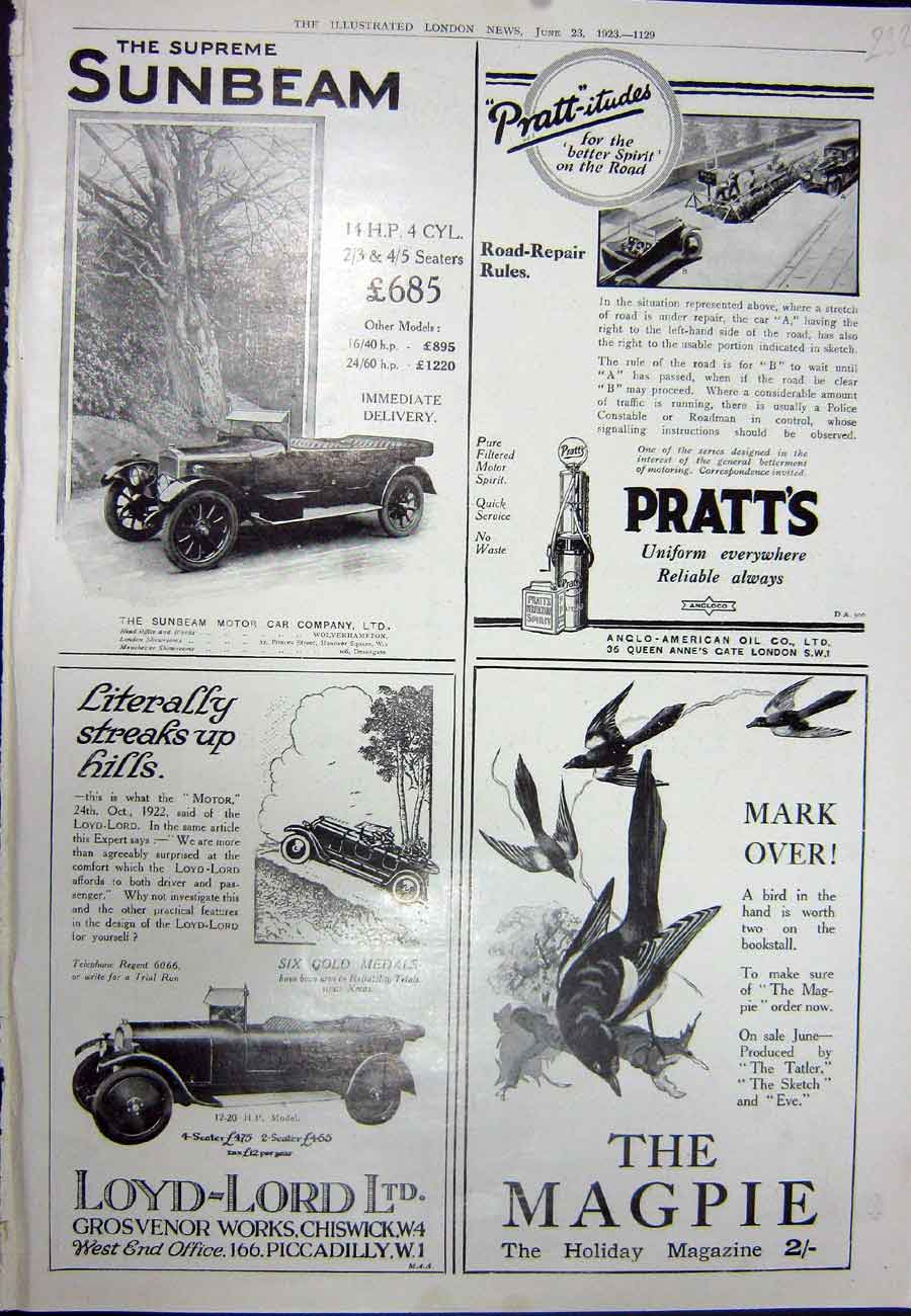 Original Old Vintage Print 1923 Advertisement Sunbeam Motor Car Loy-Lord Magpie