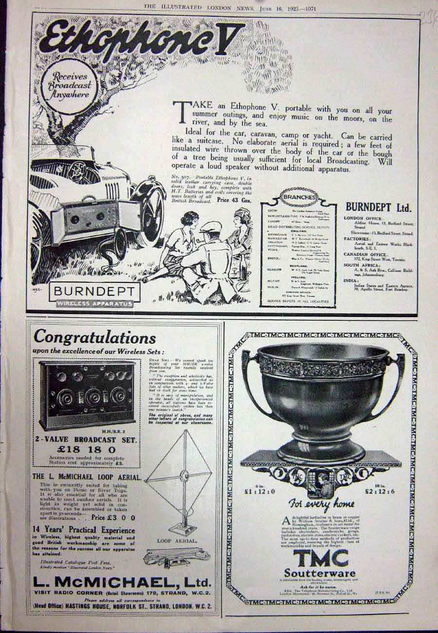 Old Vintage Print 1923Advertisement Soutterware Burndept Mcmichael Aerial 20th