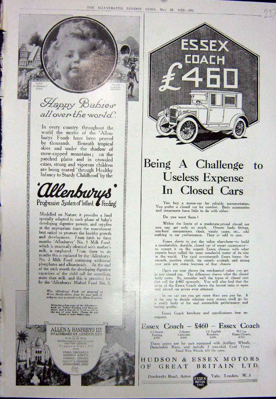 Original Old Vintage Print 1923 Advertisement Allenbury'S Baby Food Hudson Car