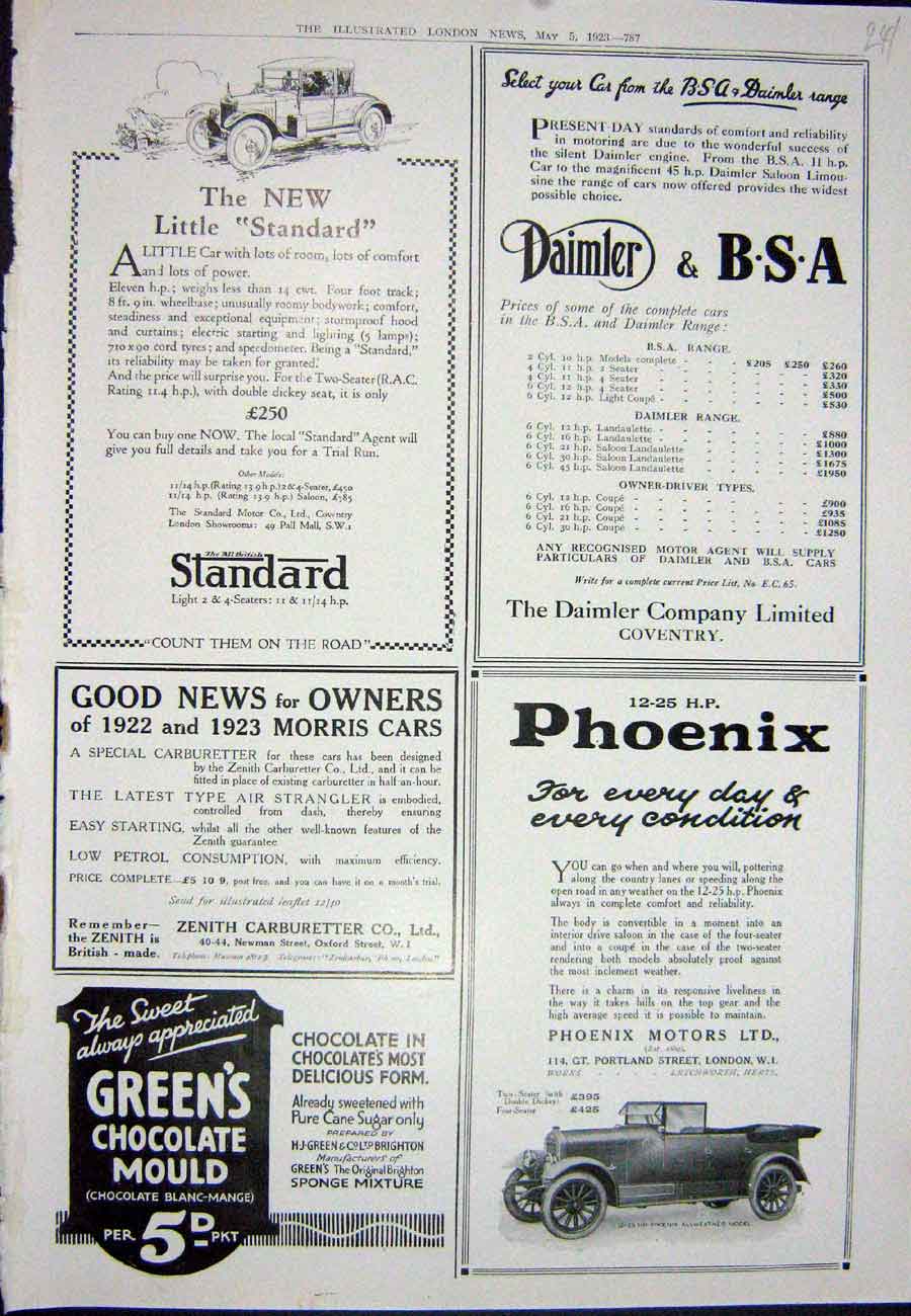 Old Vintage Print 1923 Advertisement Phoenix Motor Car Daimler Standard 20th