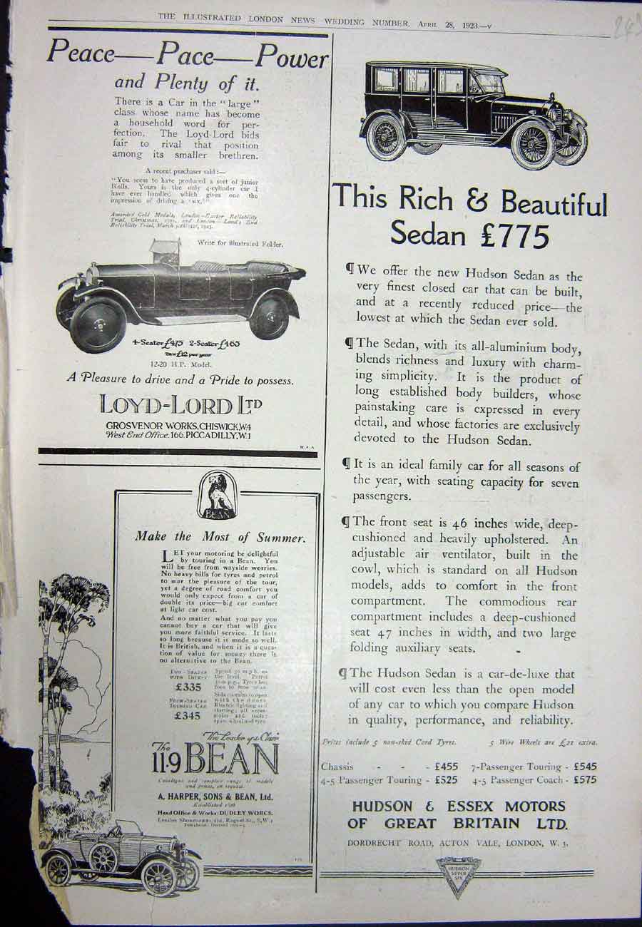 Original Old Vintage Print 1923 Advertisement Loyd-Lord Hudson Sedan Car Harper