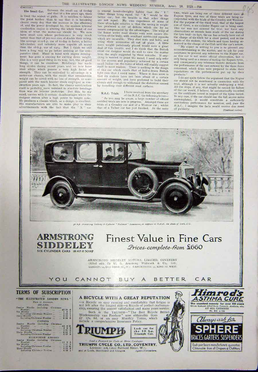 Original Old Vintage Print 1923 Advertisement Triumph Cycle Armstrong Motor Car