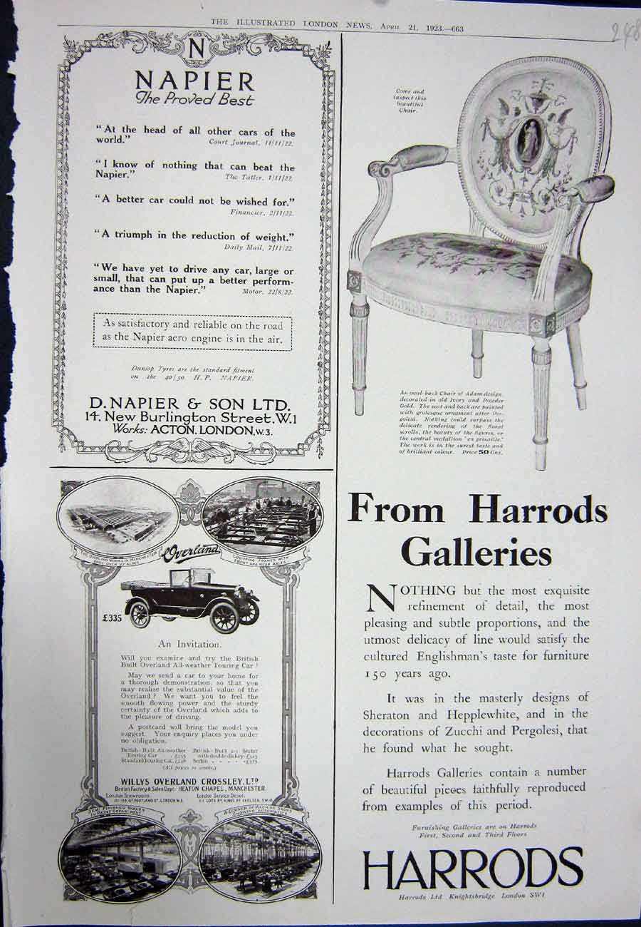 Old Vintage Print 1923 Advertisement Harrods Furniture Napier Willys Car 20th