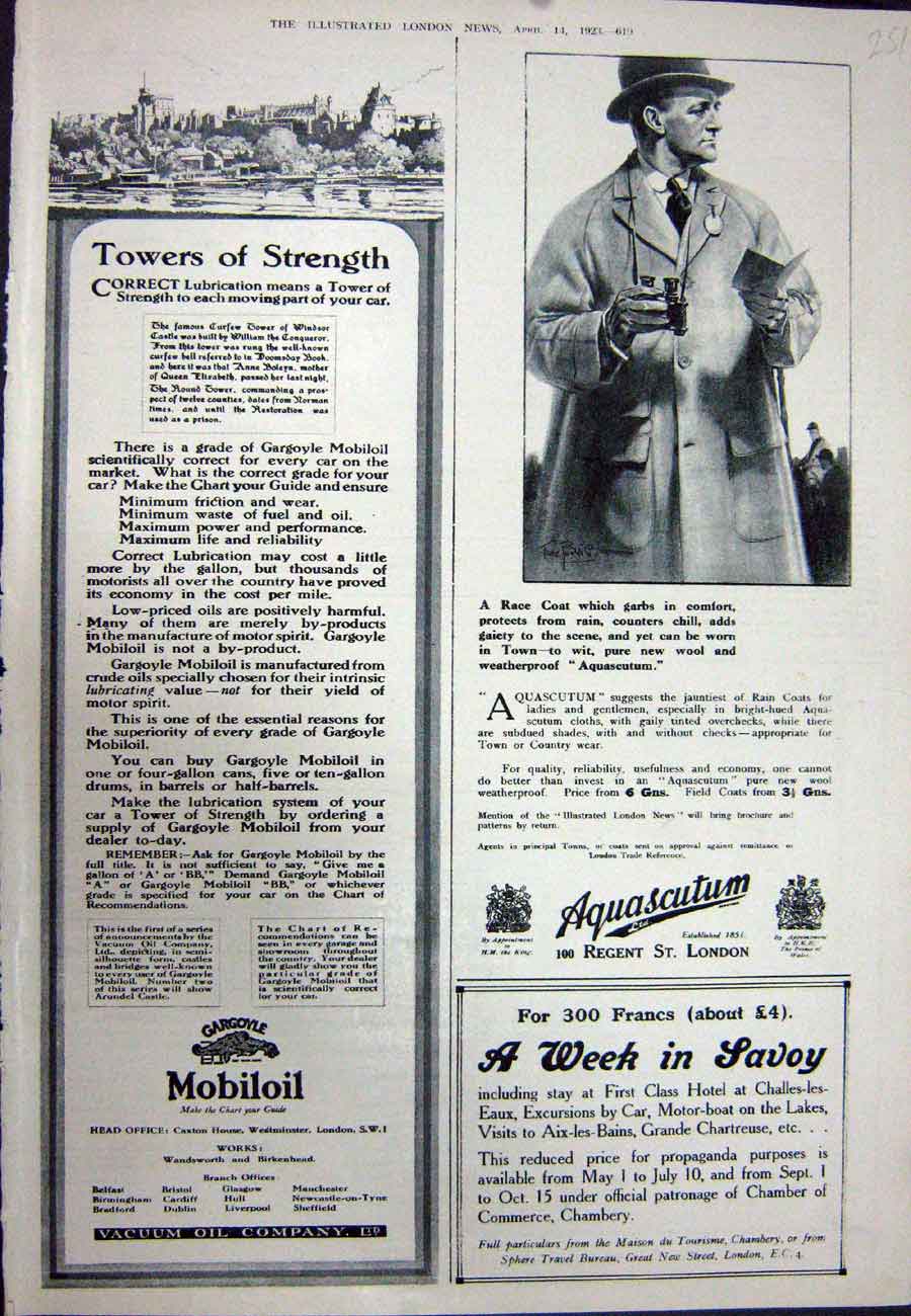 Old Vintage Print 1923 Advertisement Mobiloil Oil Aquascutum Rain Coats 20th