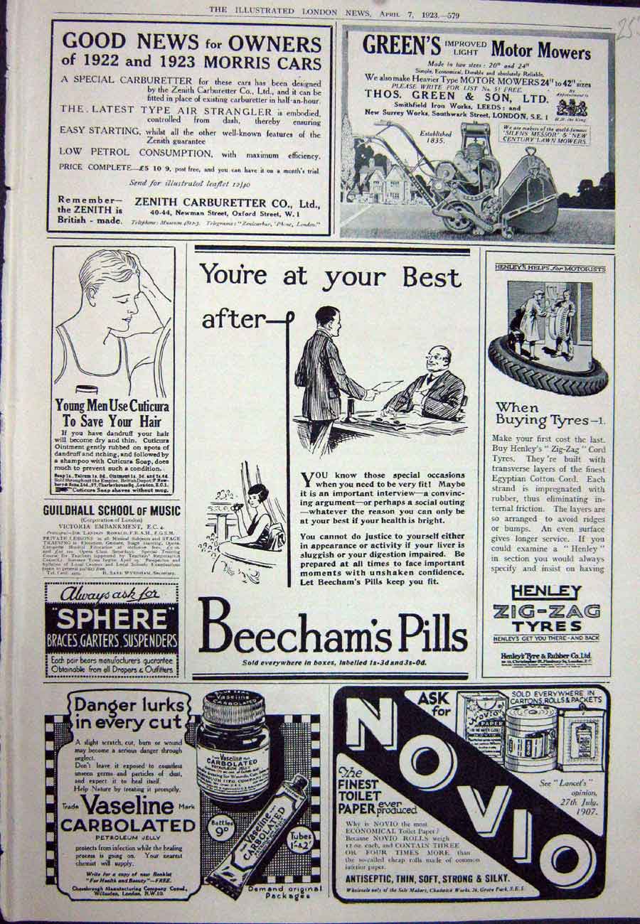 Old Vintage Print 1923 Advertisement Novio Beecham'S Pills Vaseline Tyres 20th