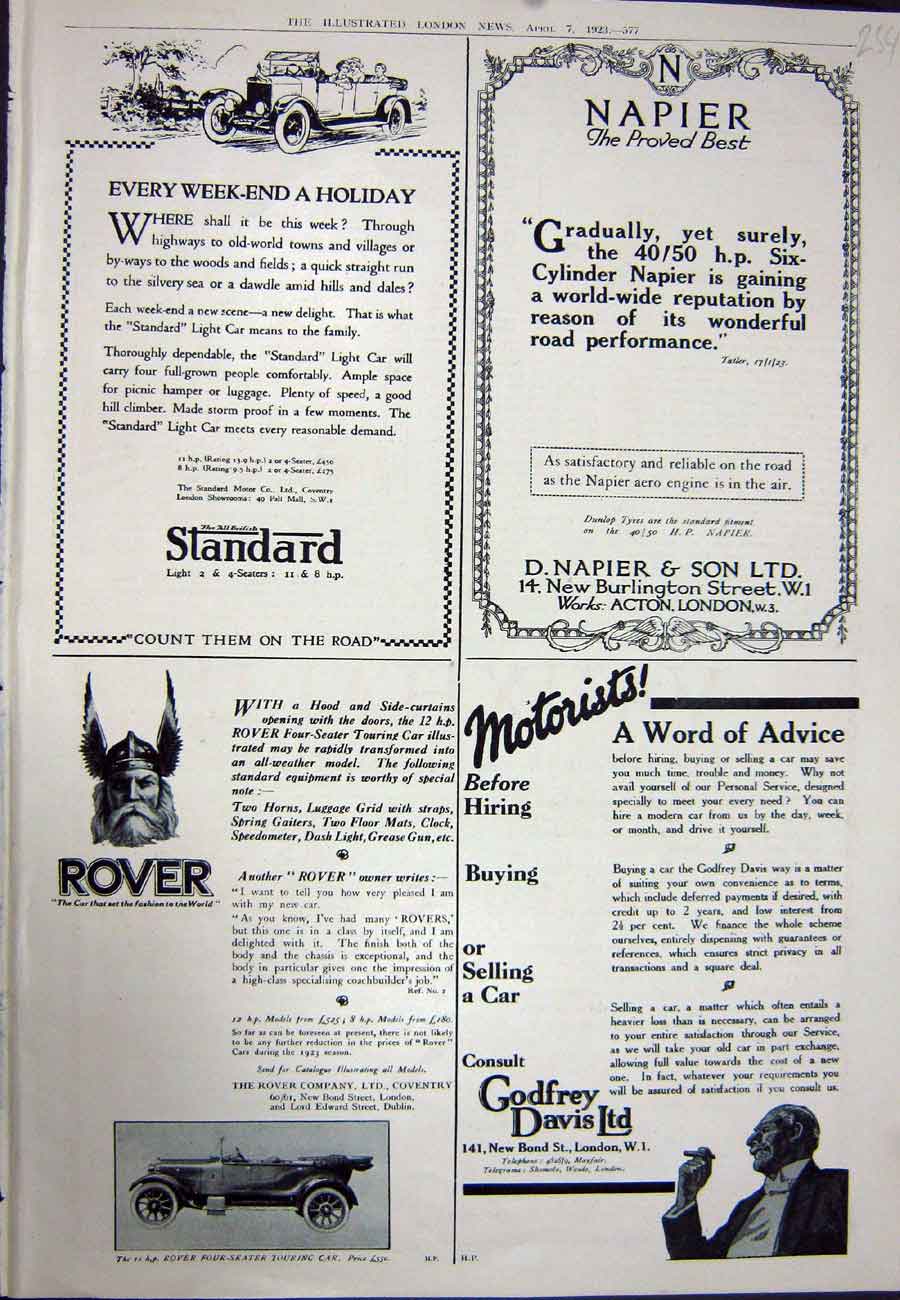 Old Vintage Print 1923 Advertisement Napier Standard Rover Godfrey Cars 20th