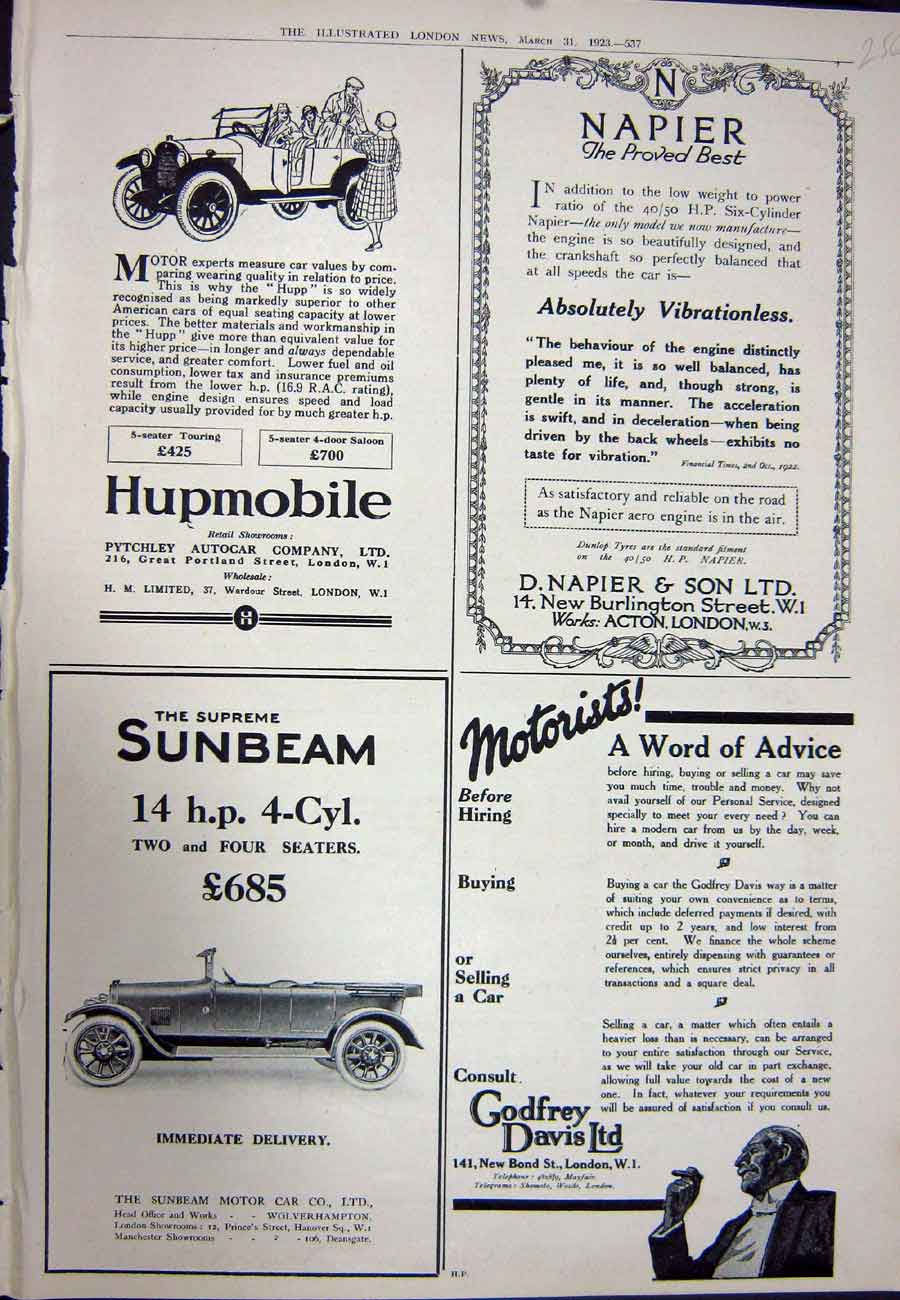 Old Vintage Print 1923 Advertisement Sunbeam Motor Car Hupmobile Napier 20th