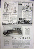 Old Vintage Print 1923 Advertisement Vauxhall Motor Car Minerva Beechams 20th