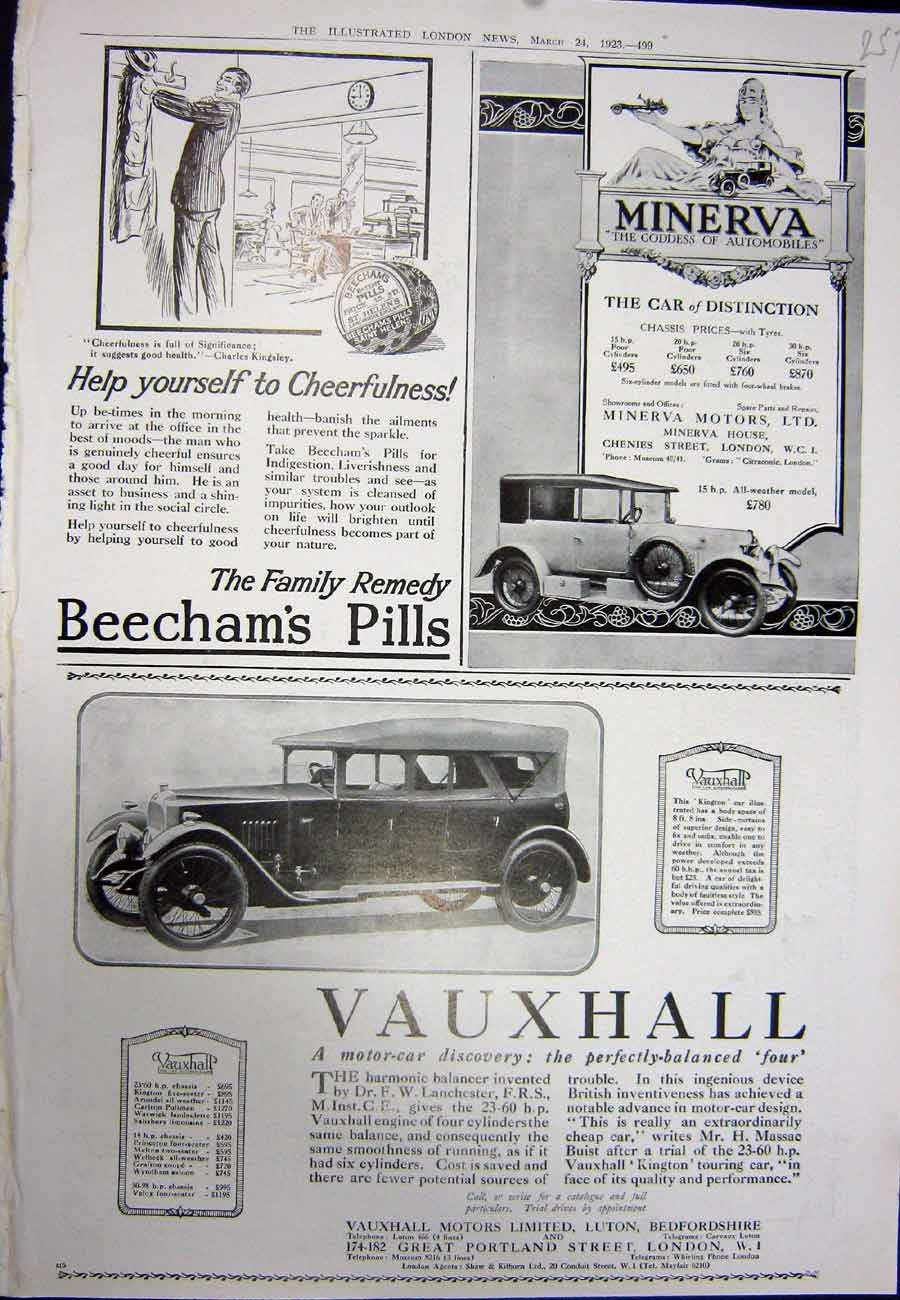 Old Vintage Print 1923 Advertisement Vauxhall Motor Car Minerva Beechams 20th