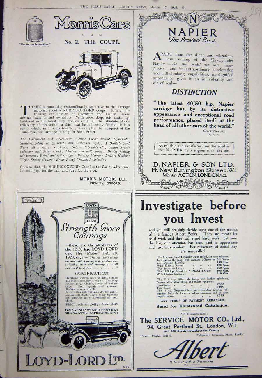 Old Vintage Print 1923 Advertisement Morris Cars Napier Loyd-Lord Albert 20th