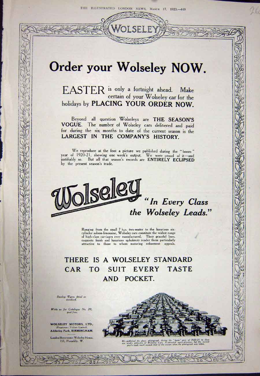 Antique Old Print Ref.949 1923 Advertisement Wolseley Motor Car Birmingham