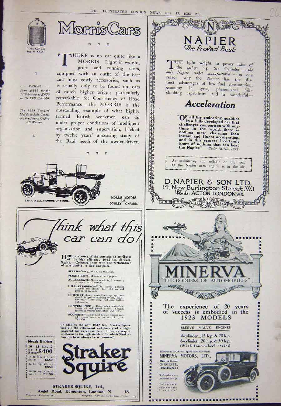 Old Vintage Print 1923 Advertisement Morris Cars Straker Napier Minerva 20th
