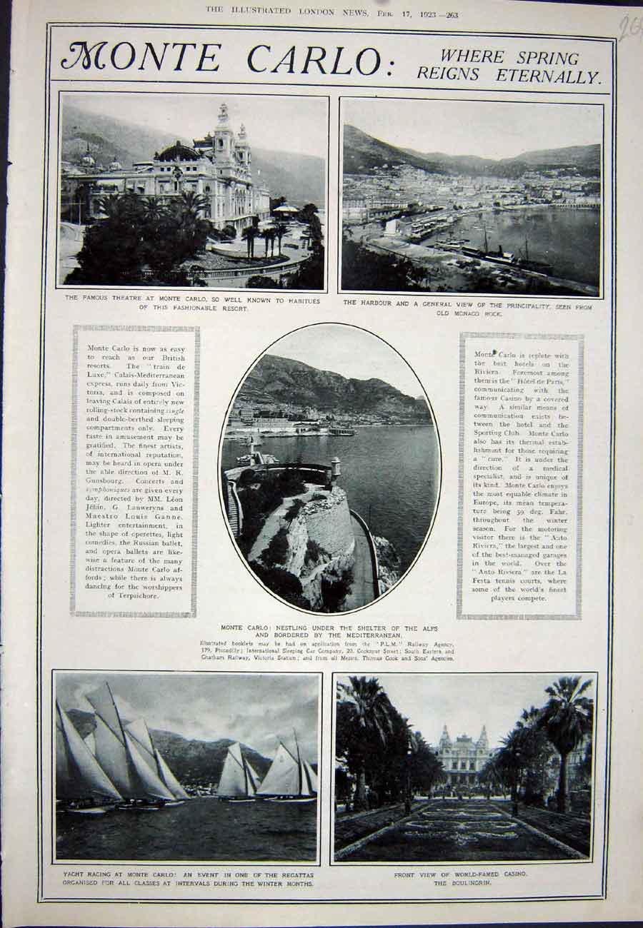 Original Old Vintage Print 1923 Advertisement Monte Carlo France Holiday Resort