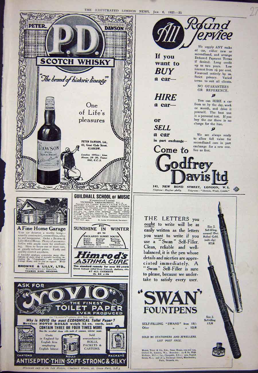 Old Vintage Print 1923 Advertisement Scotch Whisky Swan Pens Novio Soap 20th